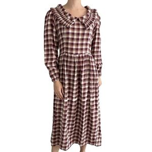 Tach Clothing Long Sleeve Midi Dress Red Plaid Ruffle Prairie Modest Size Medium